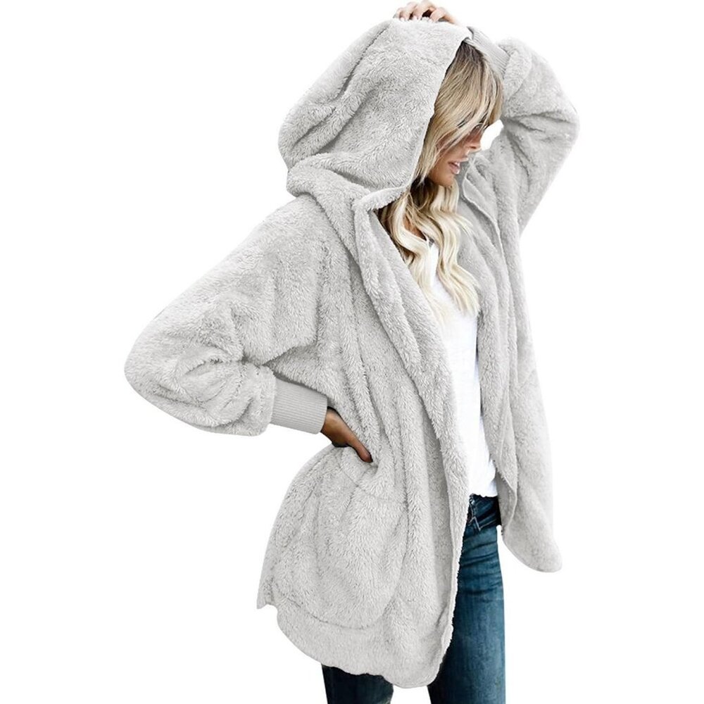 Women's Light Gray Open Front Sherpa Vest Jacket Coat Hooded Fuzzy Sweater